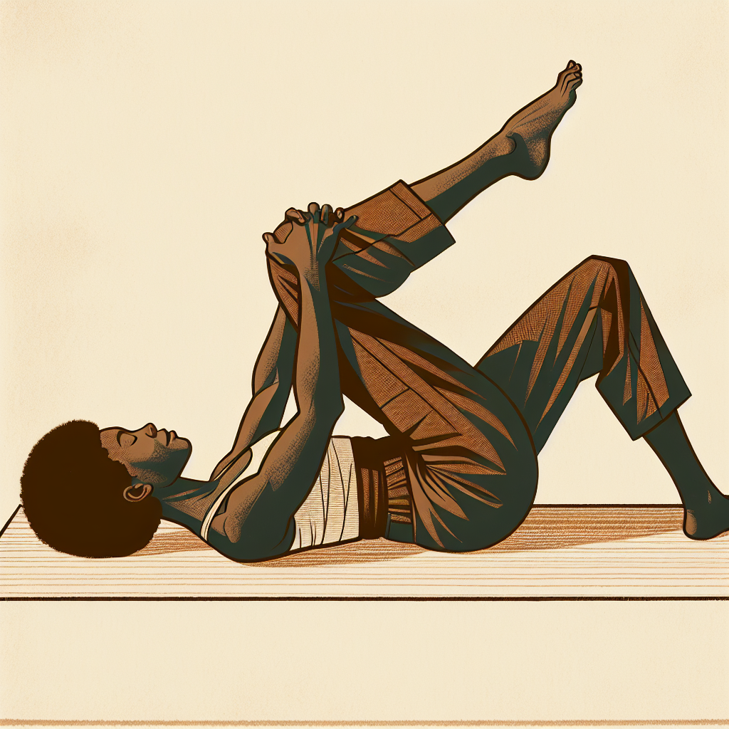 Person lying on back with right knee crossed over the body to the left side, left hand resting on right knee, right arm extended out to the side