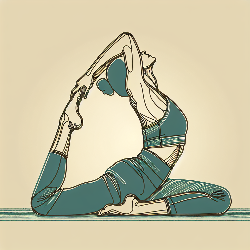 Person in pigeon pose with right shin angled across the mat, hips square, chest folded forward over the front leg
