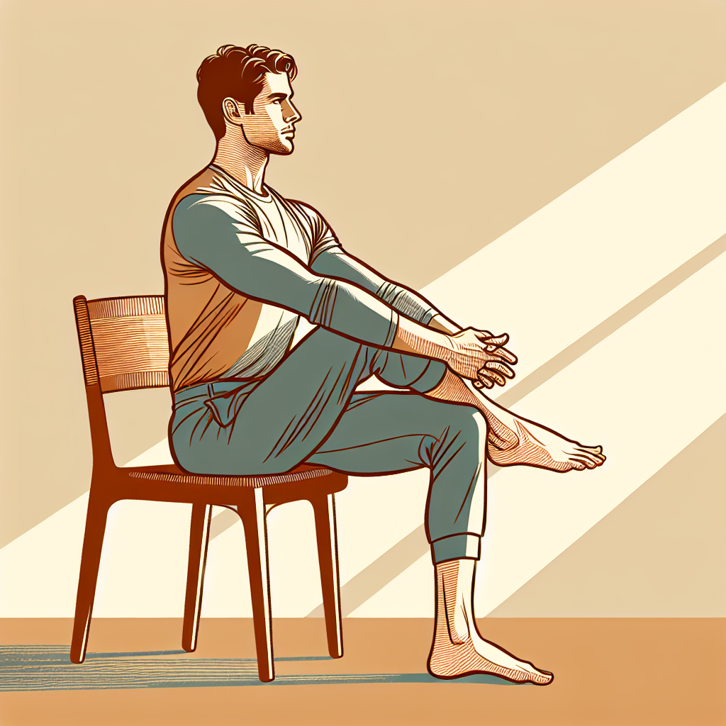 Person seated on a chair with right ankle crossed over left thigh, foot flexed, torso hinged forward from the hips